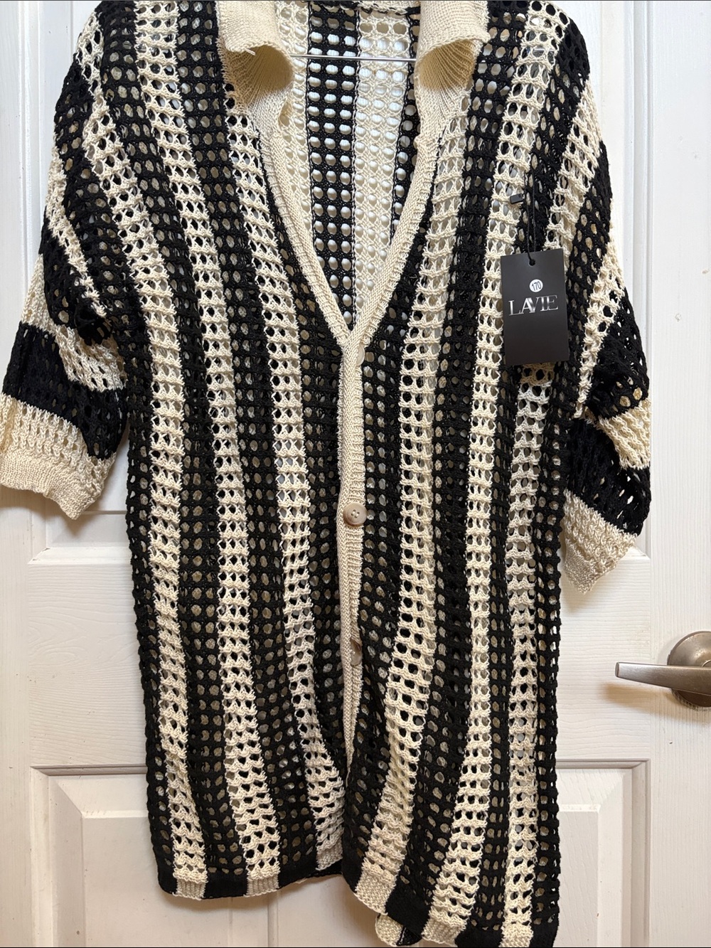 Black & Cream Striped Open-Knit Button Down Top